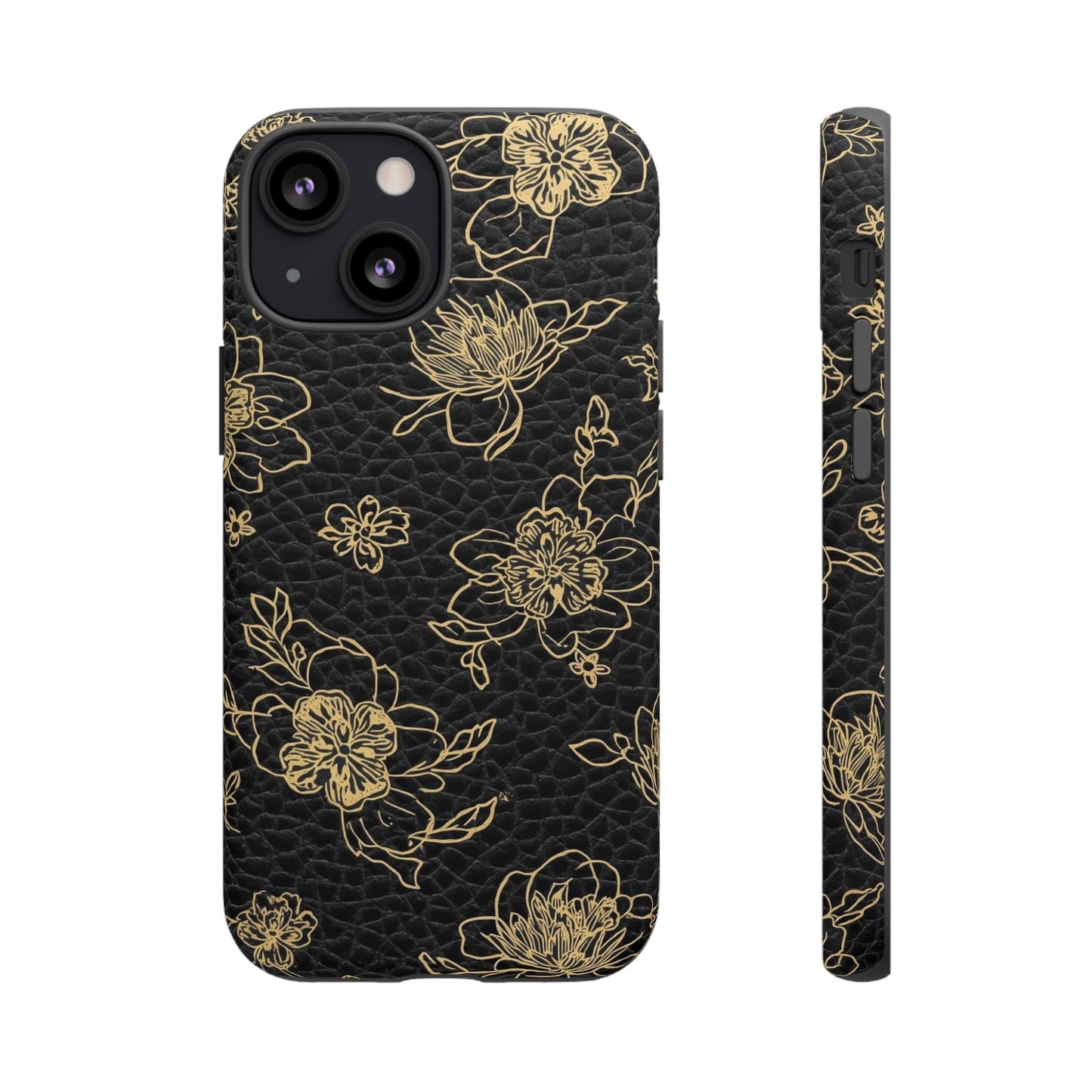 Floral Leather Phone Case — Gold Outline Flowers on Black Tough Case