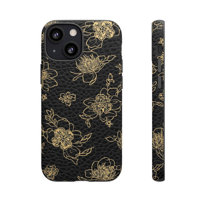 Floral Leather Phone Case — Gold Outline Flowers on Black Tough Case