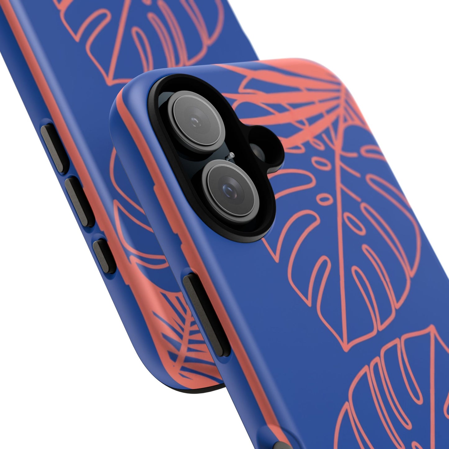 Tropical Monstera Phone Case — Blue & Coral Leaf Protective Cover
