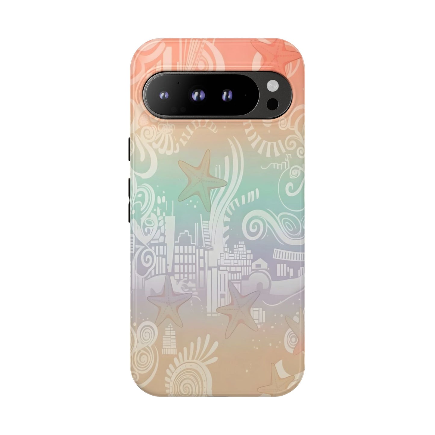 Tough Cases: Pastel Beach Pattern Phone Case — Starfish & Coastal Cityscape Protective Cover
