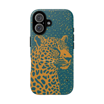 Leopard Print Tough Phone Case — Gold Panther on Teal, Protective iPhone Cover