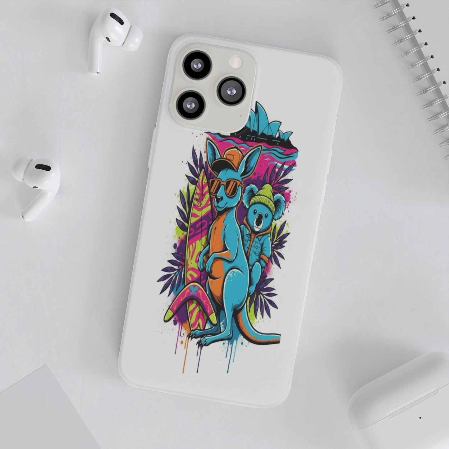 Kangaroo & Koala Surf Phone Case — Neon Aussie Beach Vibes Flexible Case