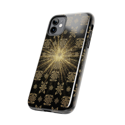 Glitter Burst Tough Phone Case — Black & Gold Floral Protective Cover