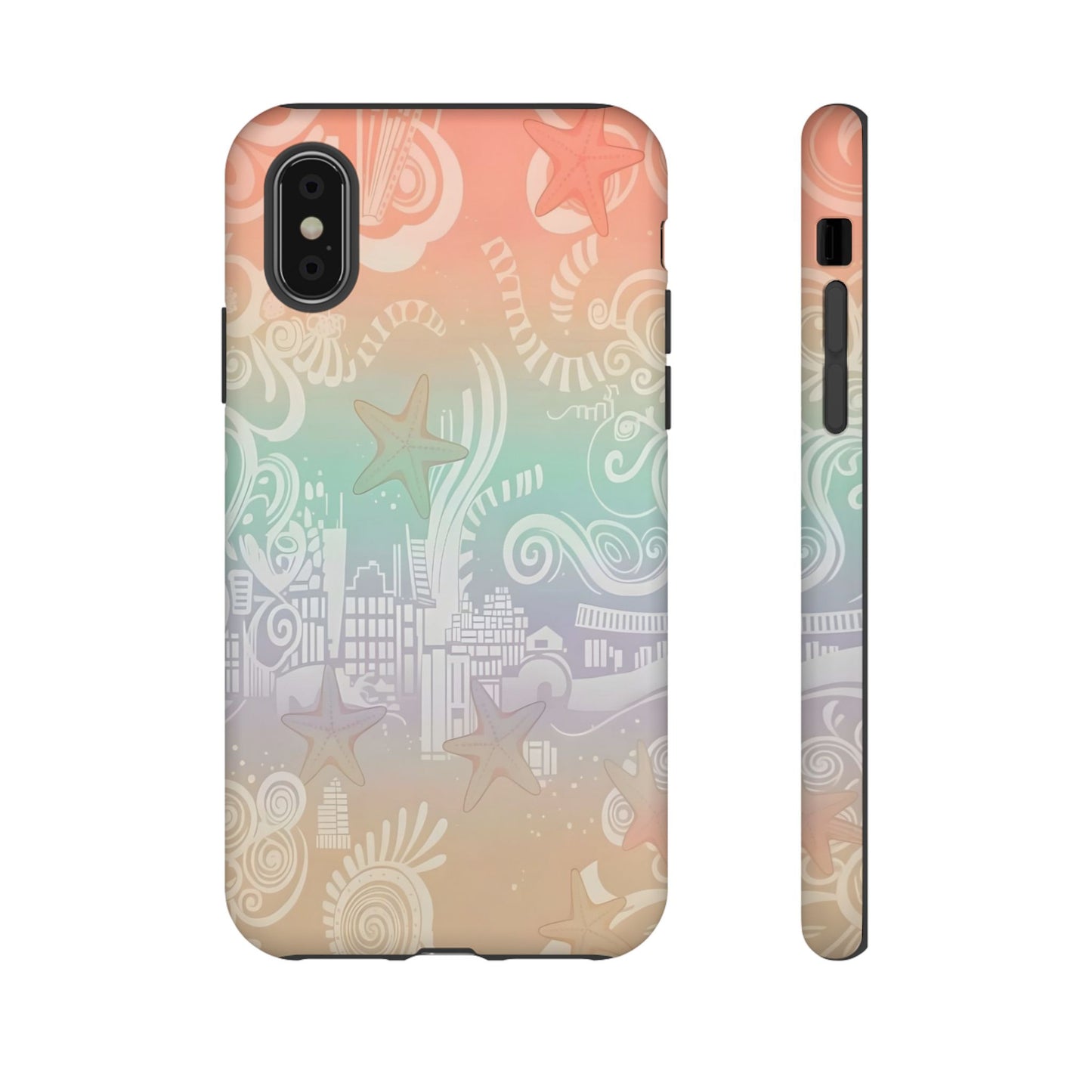 Tough Cases: Pastel Beach Pattern Phone Case — Starfish & Coastal Cityscape Protective Cover