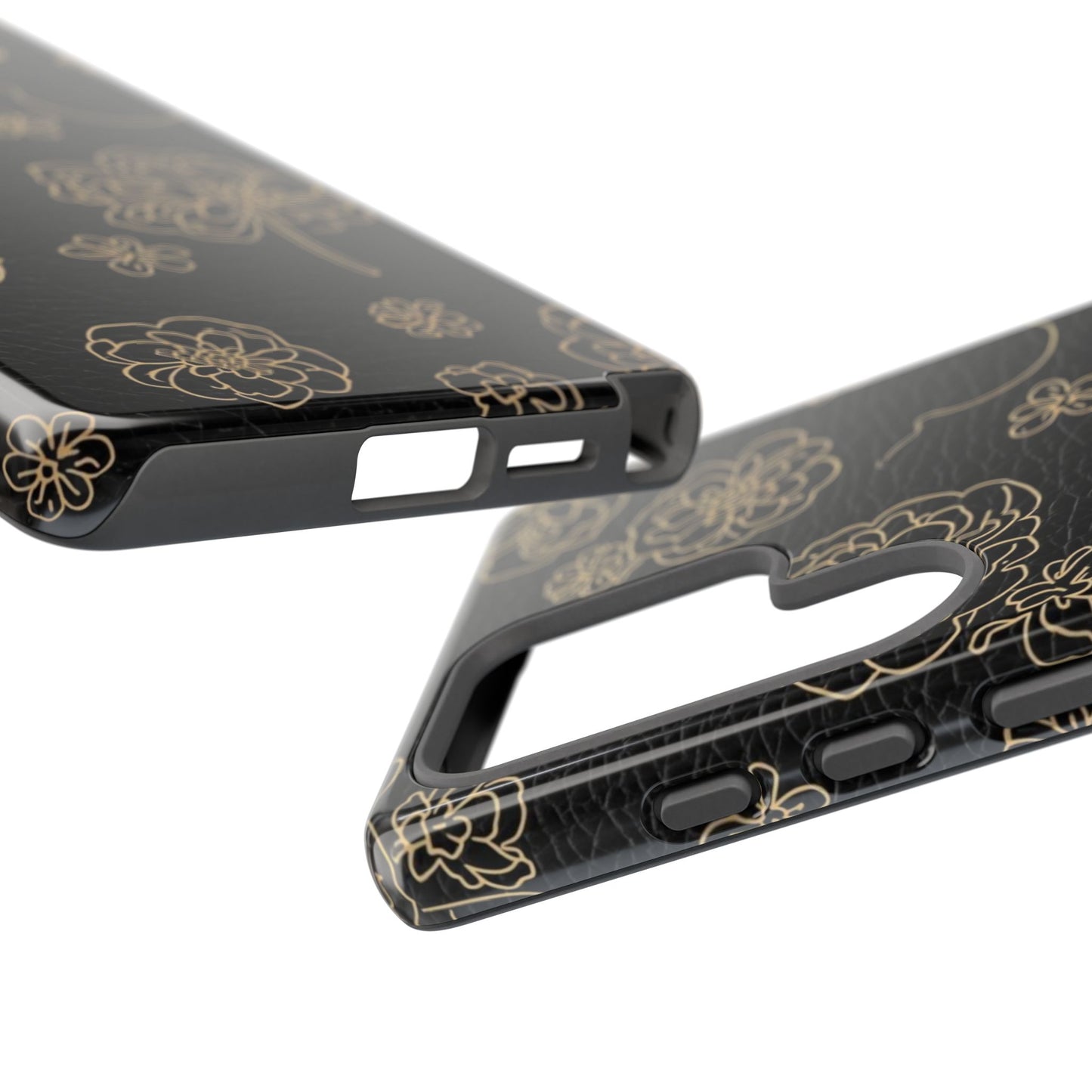 Floral Leather-Texture Tough Case – Black Gold Outline Phone Cover