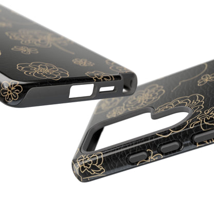 Floral Leather-Texture Tough Case – Black Gold Outline Phone Cover