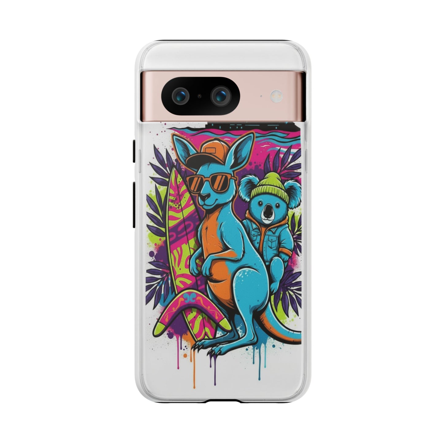 Kangaroo & Koala Surf Phone Case — Retro Neon Beach Art Tough Case