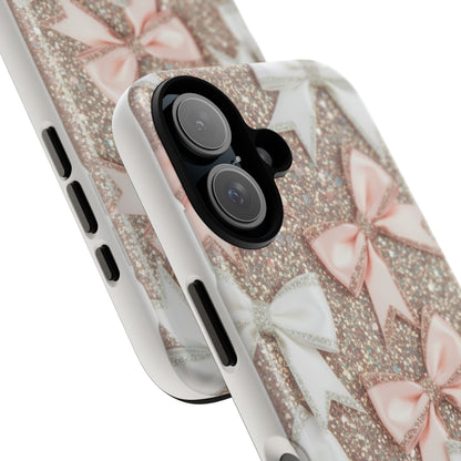 Glitter Bow Tough Phone Case — Pink & White Ribbon Protective Cover