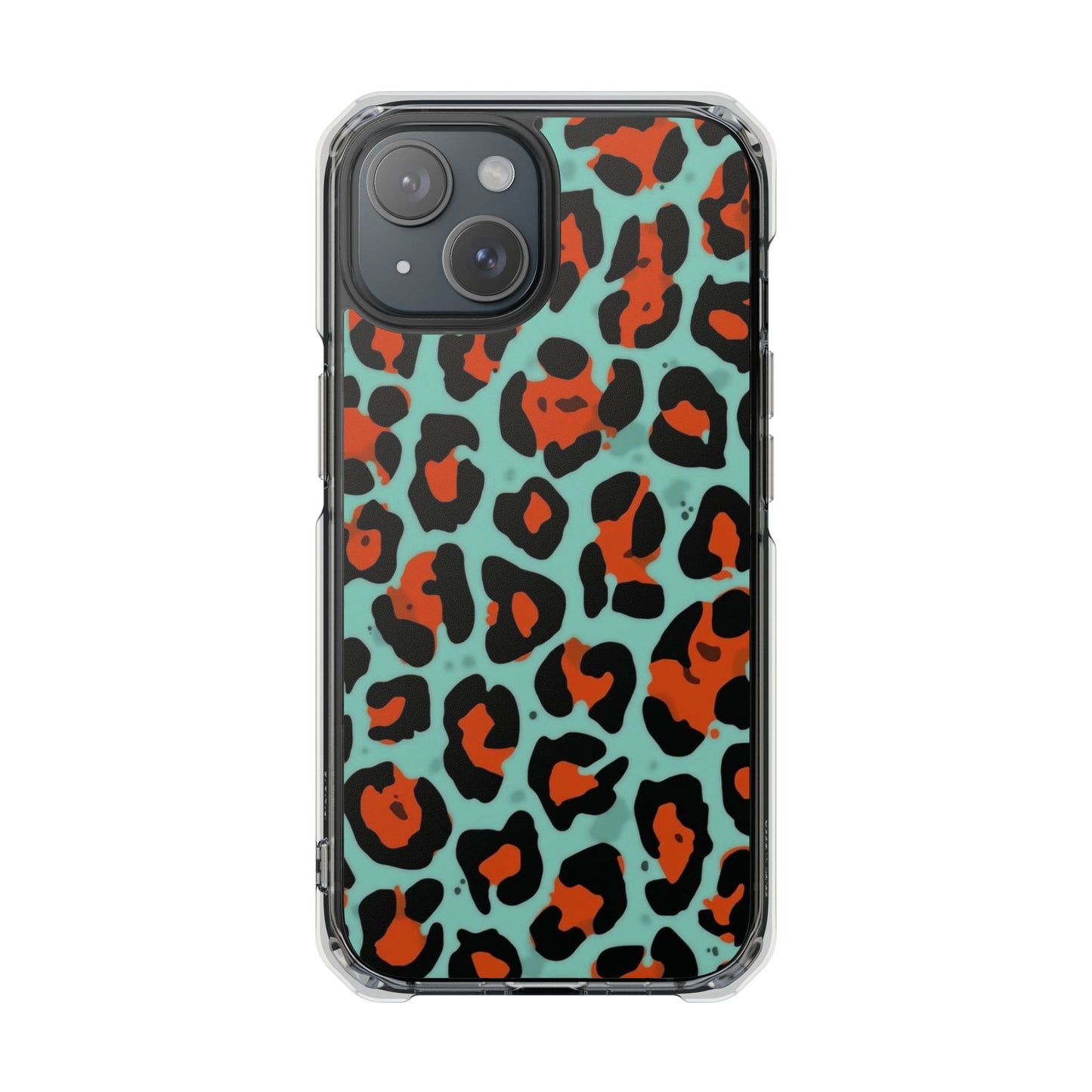 Clear Magnetic Phone Case — Teal & Rust Leopard Print