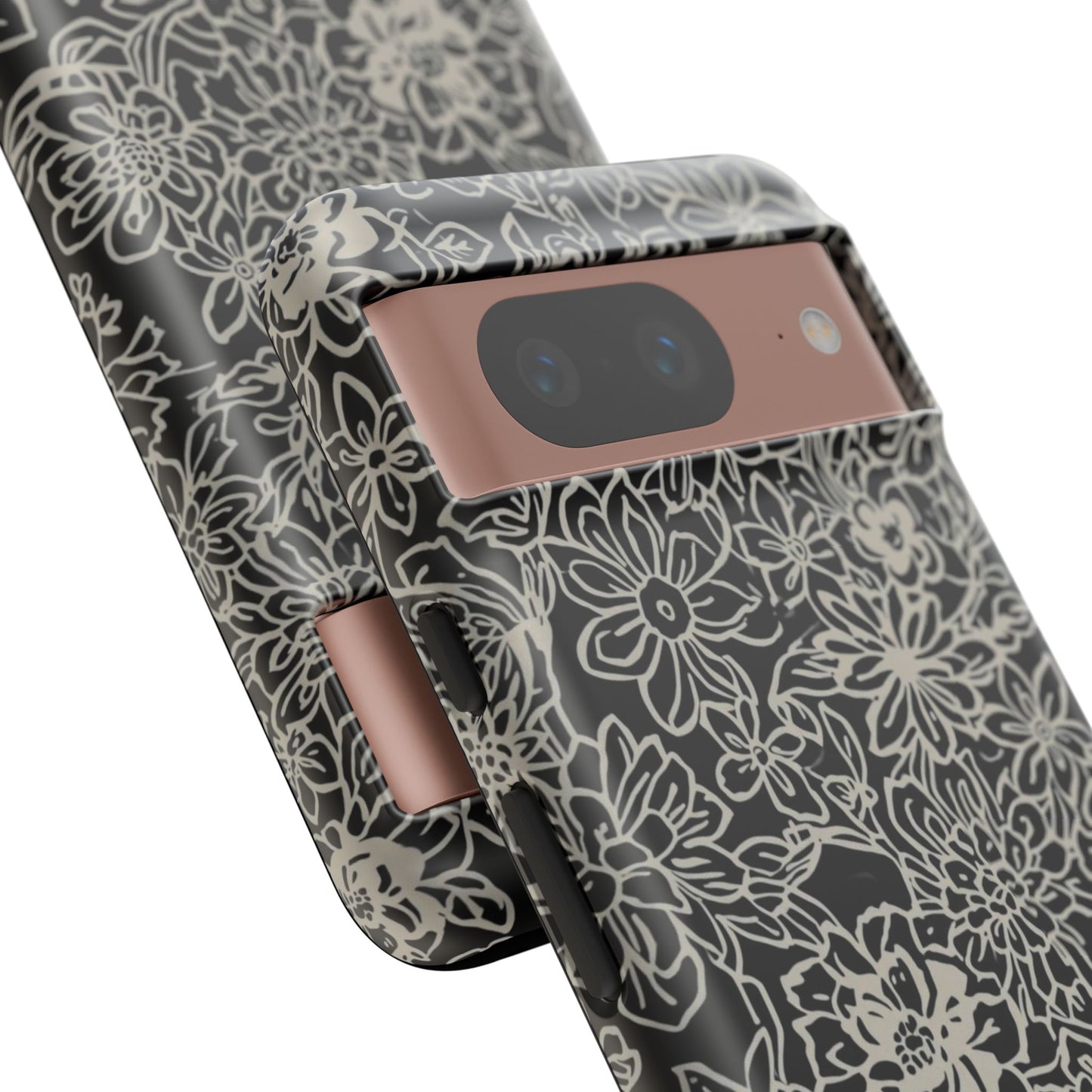 Floral Doodle Tough Phone Case — Black & White Sketch Flower Protective Cover