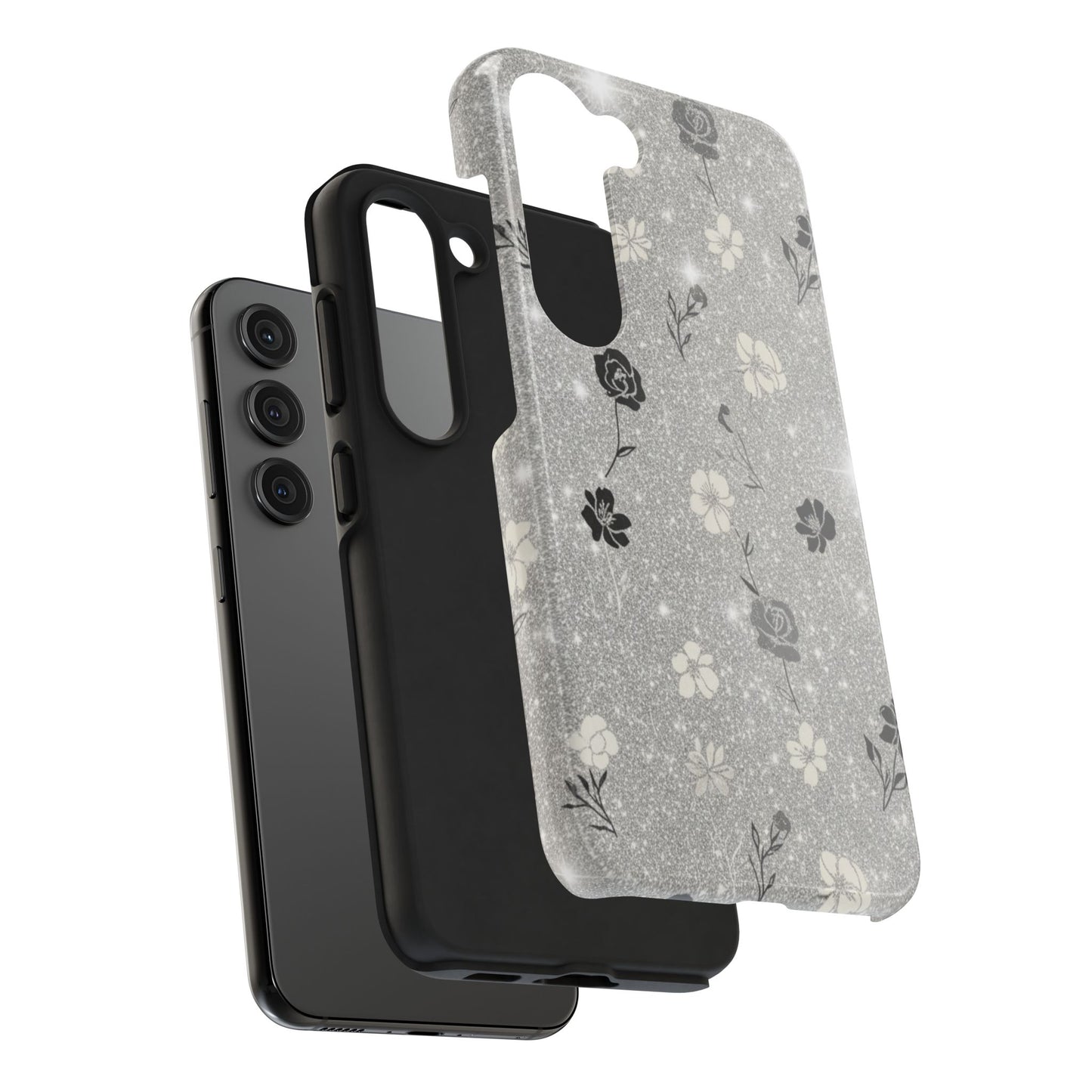 Floral Glitter Tough Phone Case — Black & Silver Vintage Flower Protective Cover
