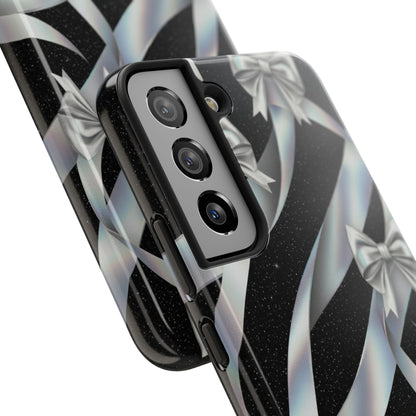 Silver Ribbon Bow Tough Phone Case — Glitter Black Protective Phone Case