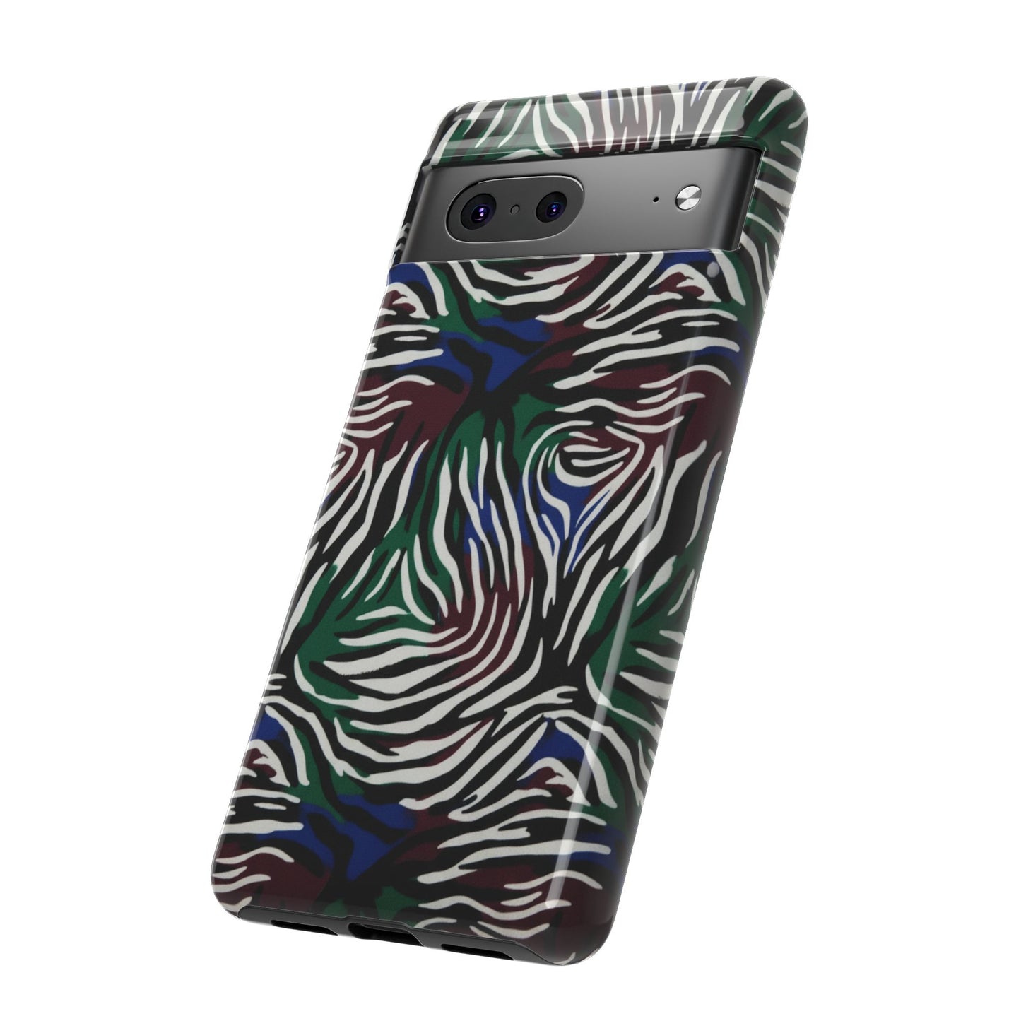 Zebra Camo Tough Phone Case – Green & Blue Animal Print Protective Cover