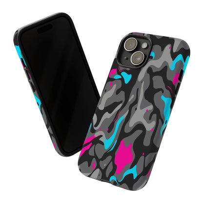 Camouflage Phone Case — Gray Camo with Neon Pink & Cyan Accent Tough Protective Cover