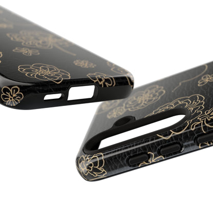 Floral Leather-Texture Tough Case – Black Gold Outline Phone Cover