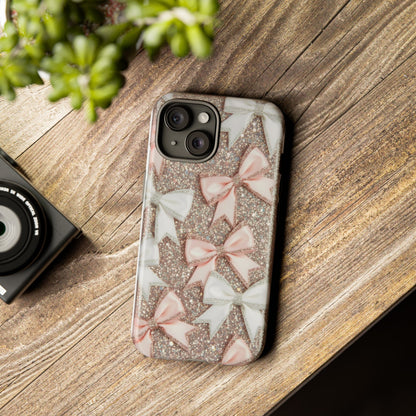 Glitter Bow Tough Phone Case — Pink & White Ribbon Protective Cover