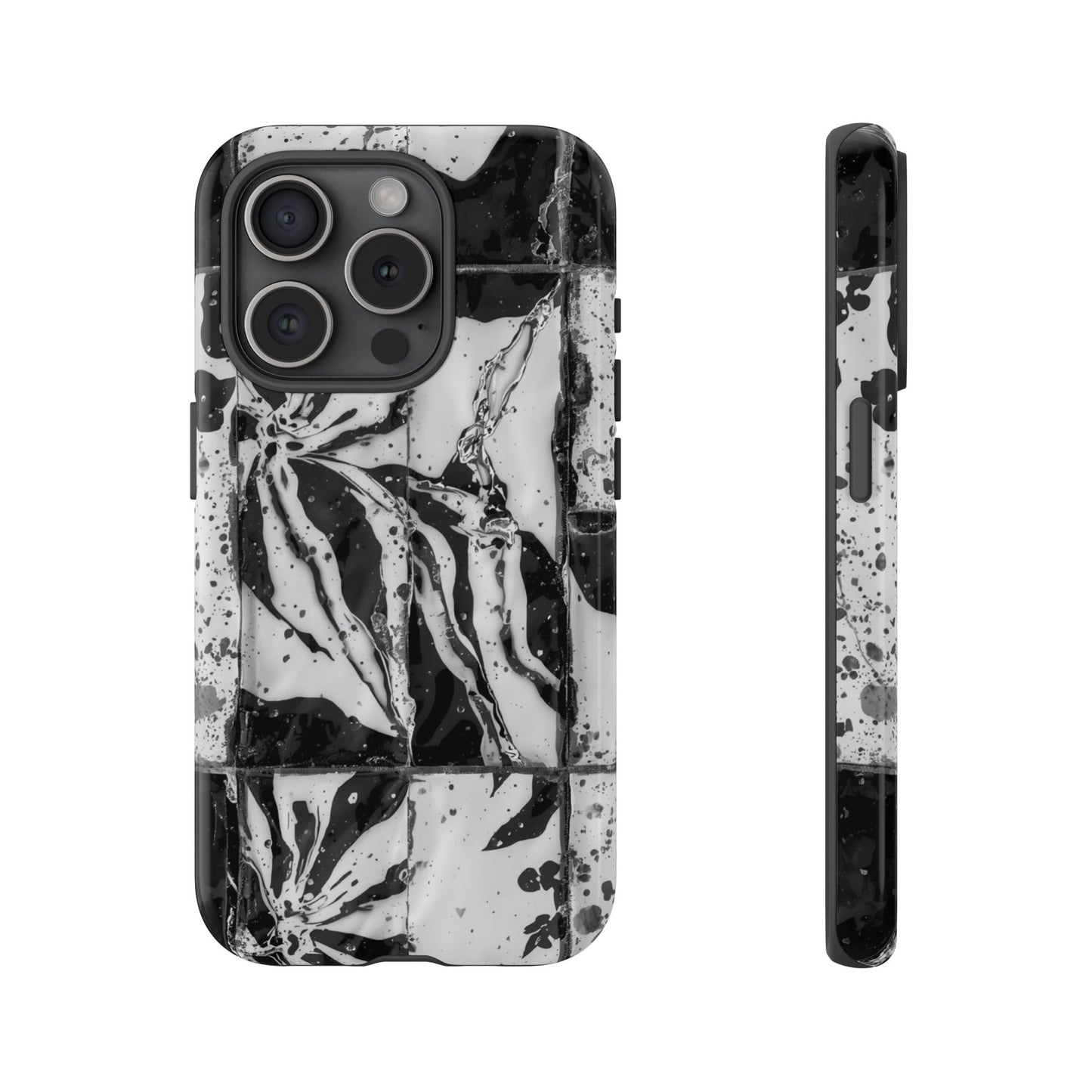 Monochrome Tile Floral Tough Phone Case