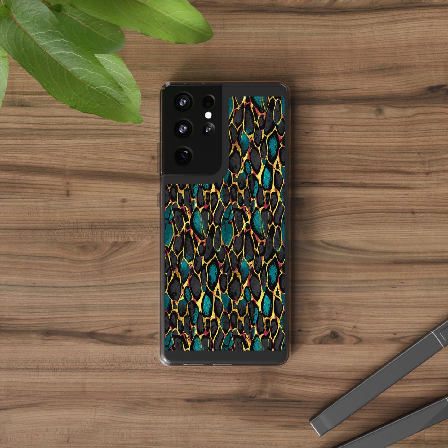 Teal Gold Leopard Clear Phone Case