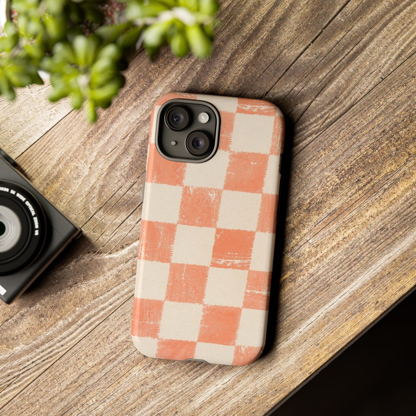 Peach Checkerboard Tough Phone Case — Retro Distressed Grid Design