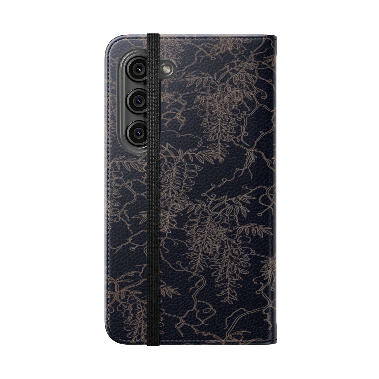Botanical Noir Flip Phone Case — Dark Floral Wallet Cover with Card Slots