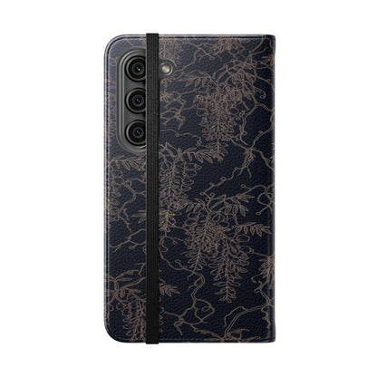 Botanical Noir Flip Phone Case — Dark Floral Wallet Cover with Card Slots