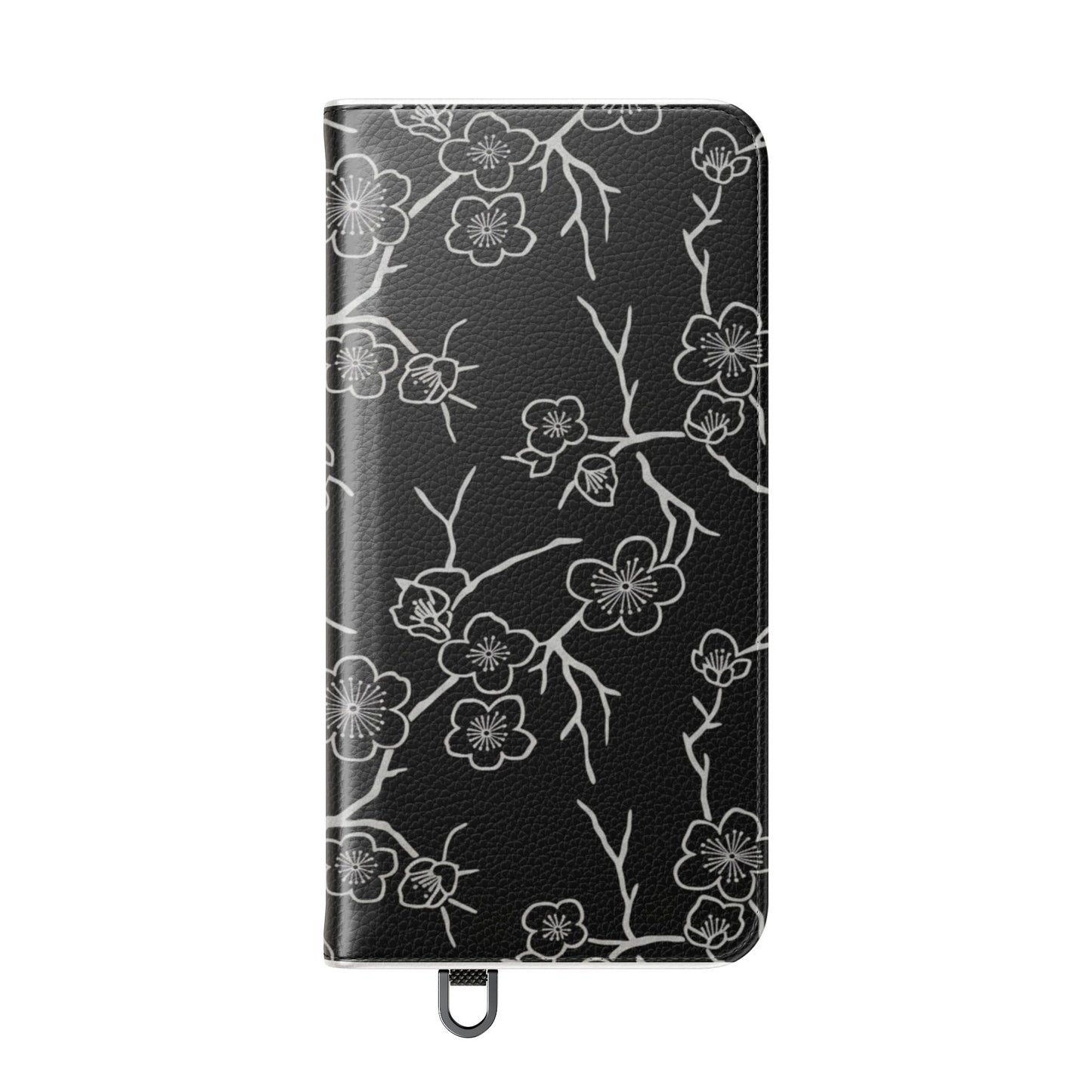 Black Cherry Blossom Flip Phone Case – Floral Wallet Flip Case with Card Slots