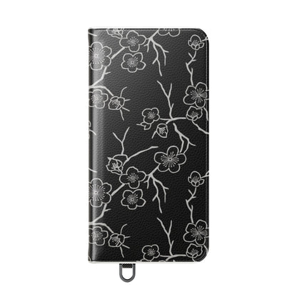 Black Cherry Blossom Flip Phone Case – Floral Wallet Flip Case with Card Slots