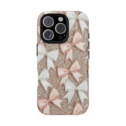 Glitter Bow Tough Phone Case — Pink & White Ribbon Protective Cover