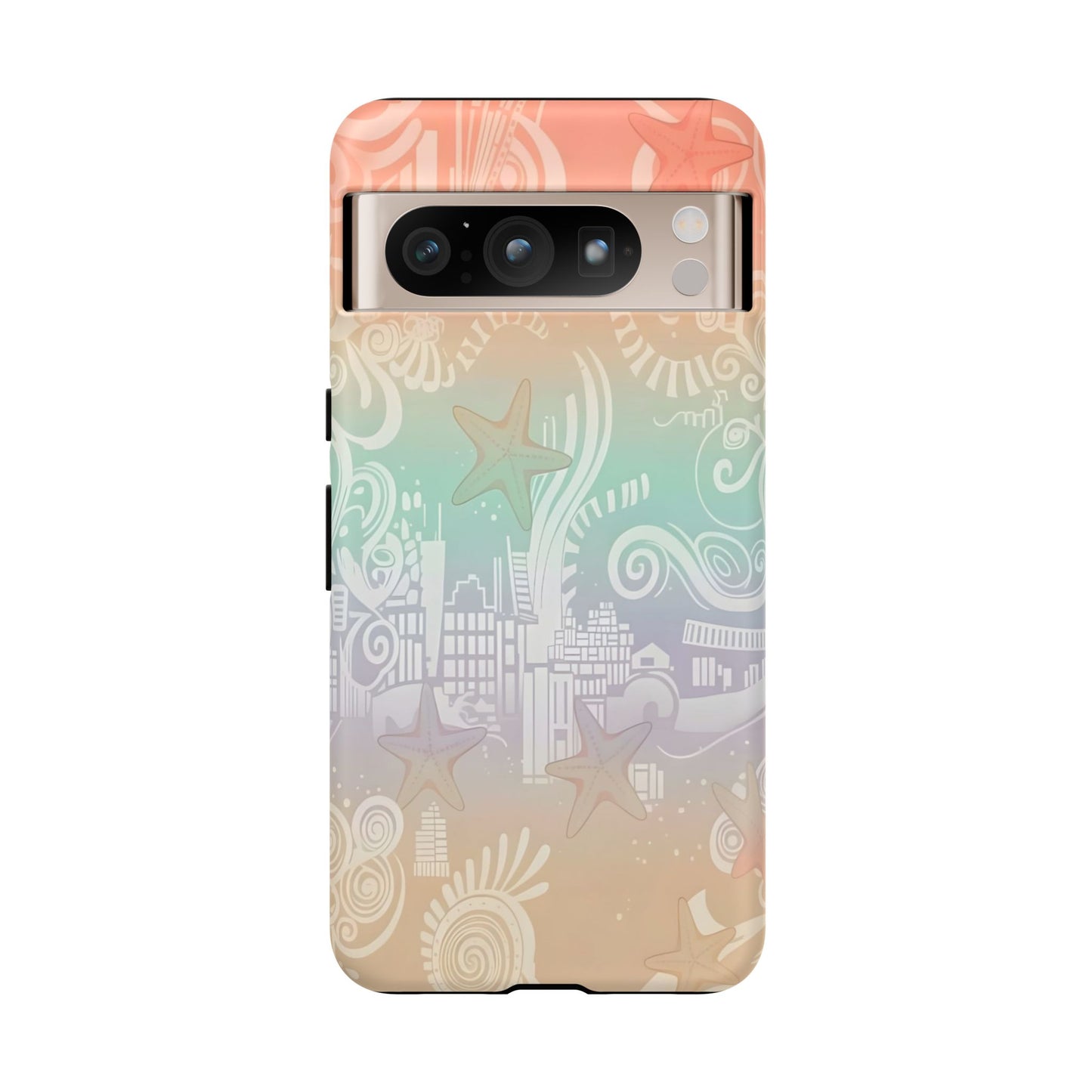 Tough Cases: Pastel Beach Pattern Phone Case — Starfish & Coastal Cityscape Protective Cover