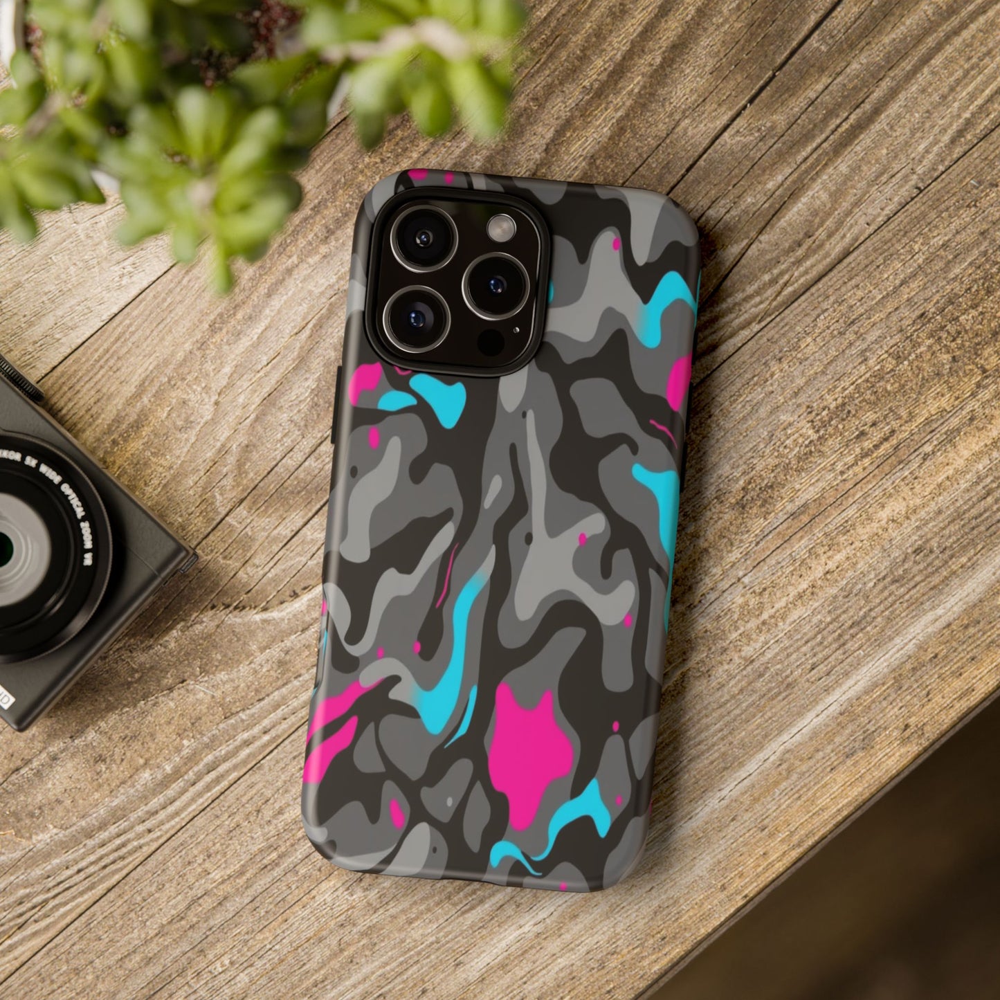 Camouflage Phone Case — Gray Camo with Neon Pink & Cyan Accent Tough Protective Cover