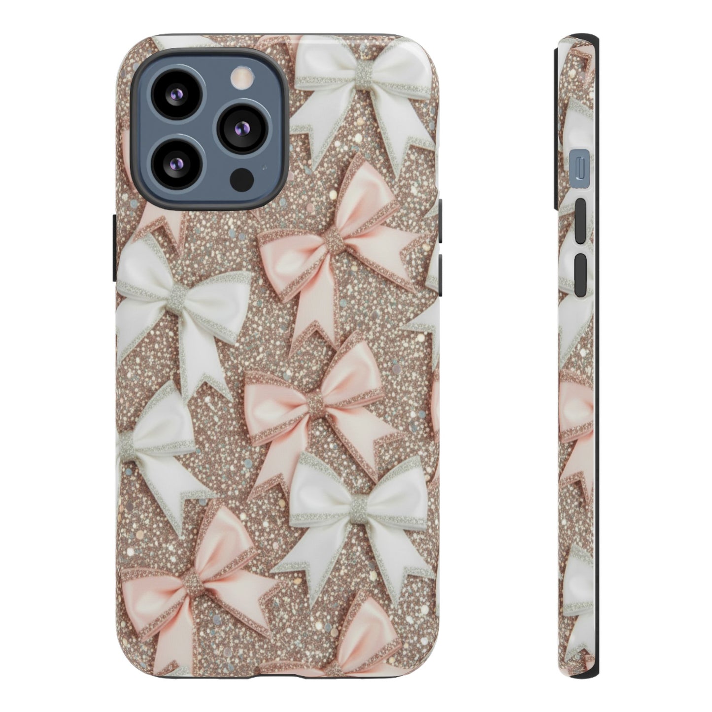 Glitter Bow Tough Phone Case — Pink & White Ribbon Protective Cover