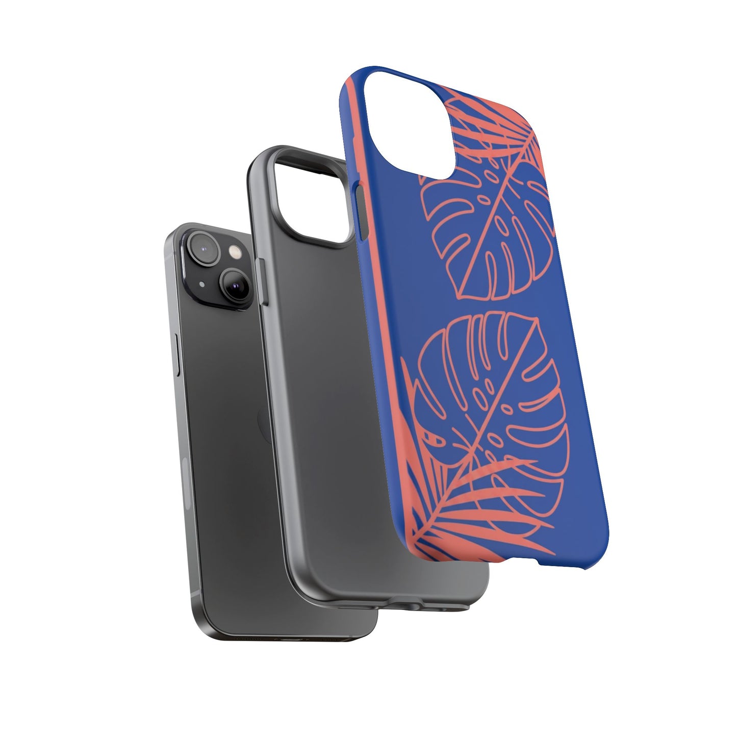 Tropical Monstera Phone Case — Blue & Coral Leaf Protective Cover