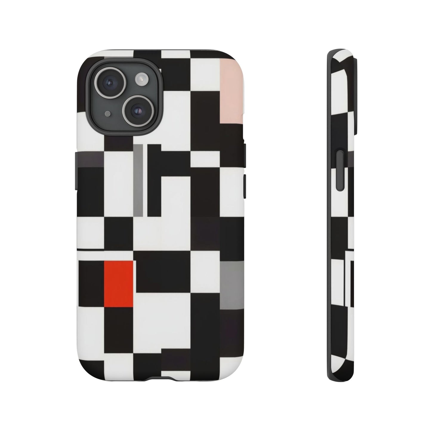 Abstract Geometric Phone Case – Black & White Checker Grid with Red Accent