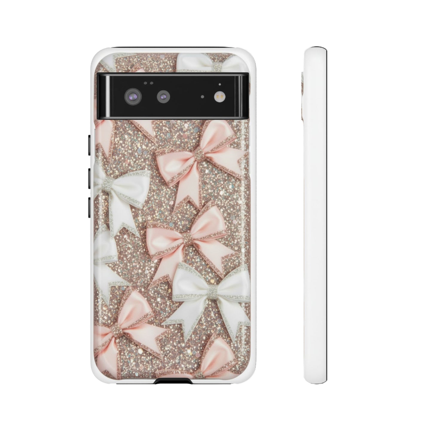 Glitter Bow Tough Phone Case — Pink & White Ribbon Protective Cover