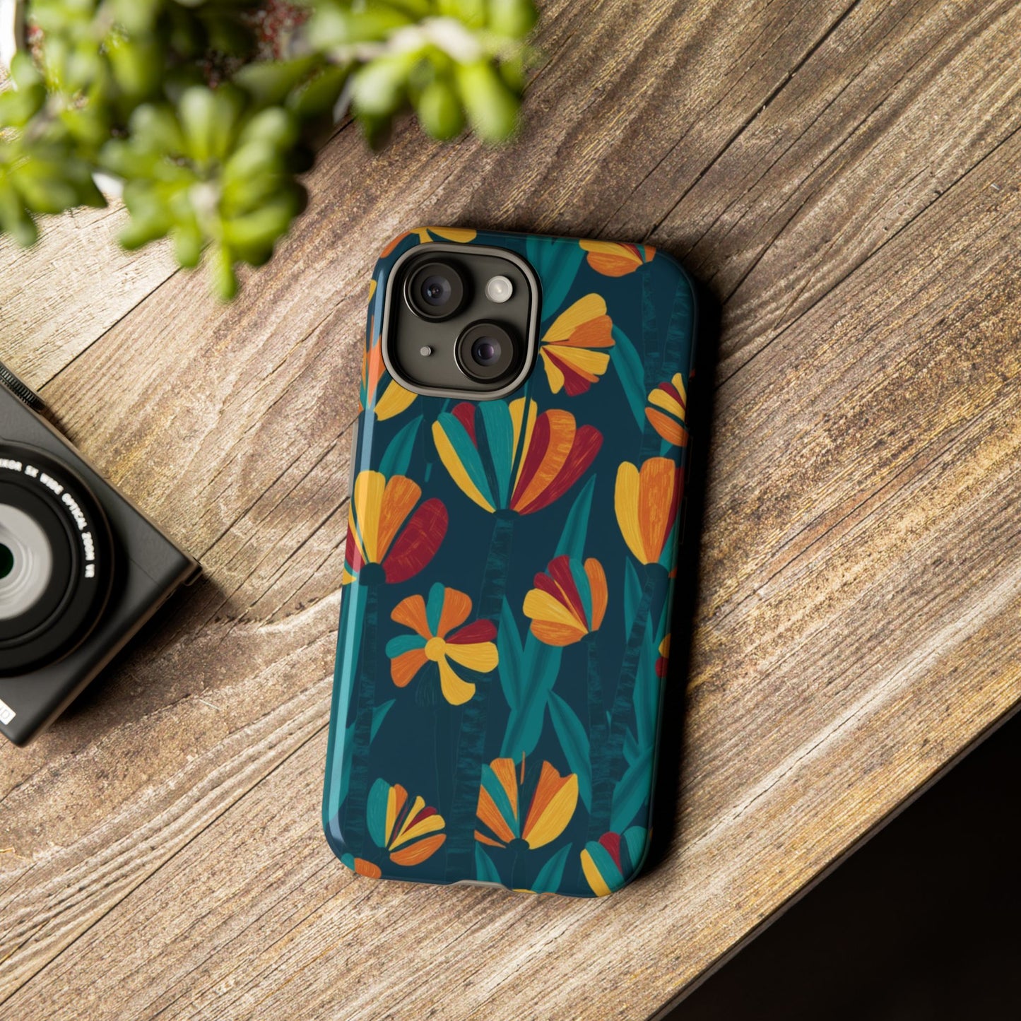 Floral Retro Teal Tough Phone Case — Vibrant Orange & Mustard Blooms