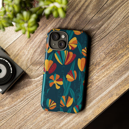 Floral Retro Teal Tough Phone Case — Vibrant Orange & Mustard Blooms