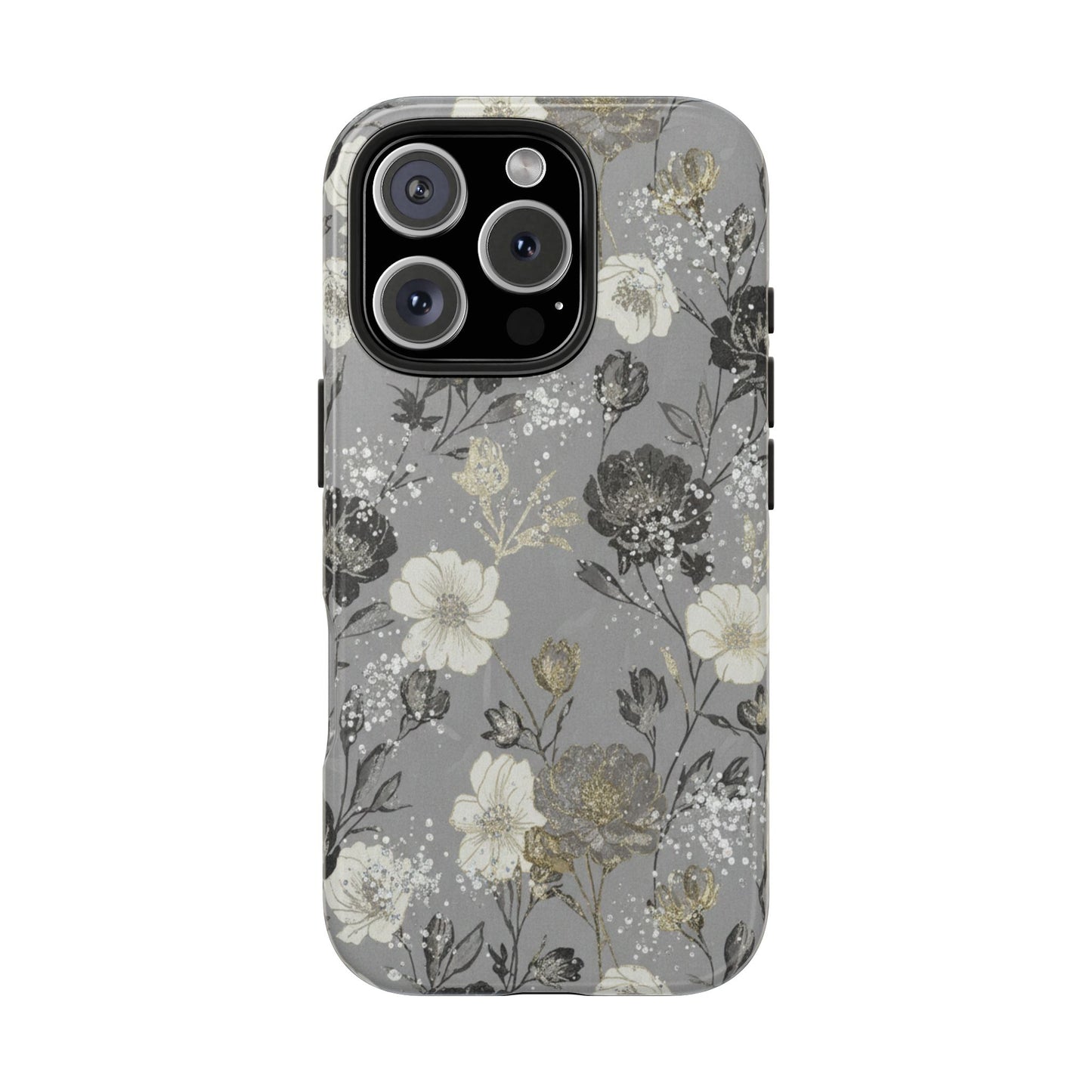 Floral Gray Tough Phone Case — Elegant Protective Phone Cover with Gold Accent