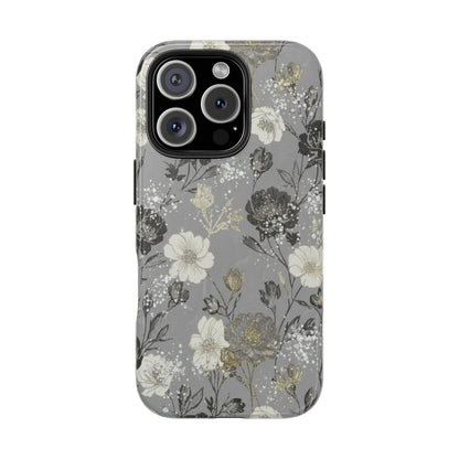 Floral Gray Tough Phone Case — Elegant Protective Phone Cover with Gold Accent