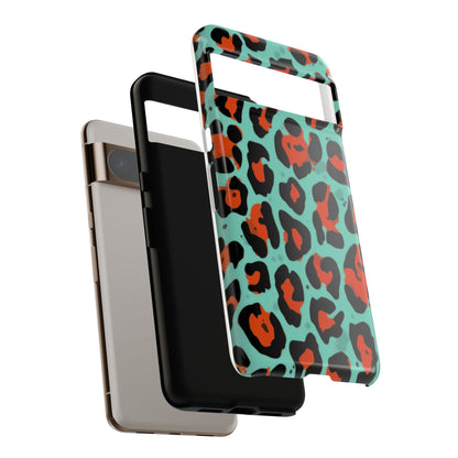 Leopard Print Tough Phone Case — Teal & Rust Protective iPhone Cover