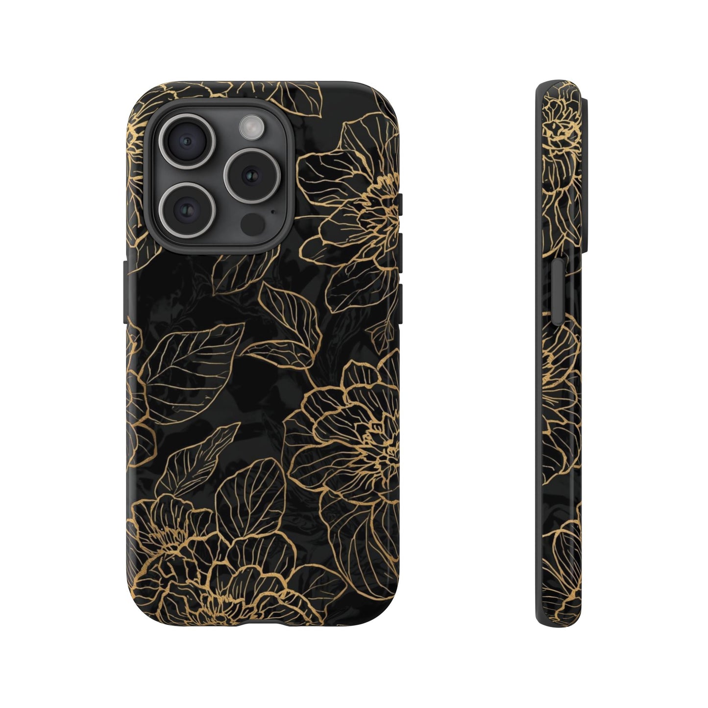 Floral Gold Outline Tough Phone Case – Black Botanical Protective Cover