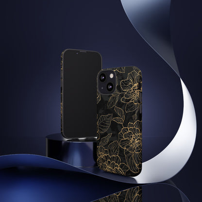 Floral Gold Outline Tough Phone Case – Black Botanical Protective Cover