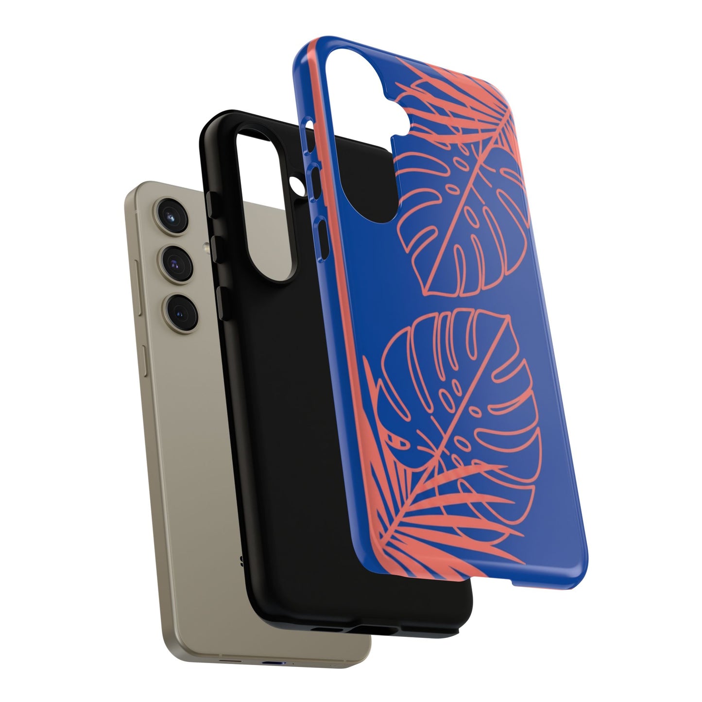 Tropical Monstera Phone Case — Blue & Coral Leaf Protective Cover