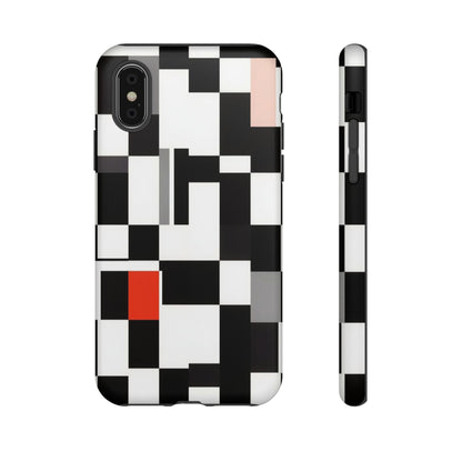 Abstract Geometric Phone Case – Black & White Checker Grid with Red Accent