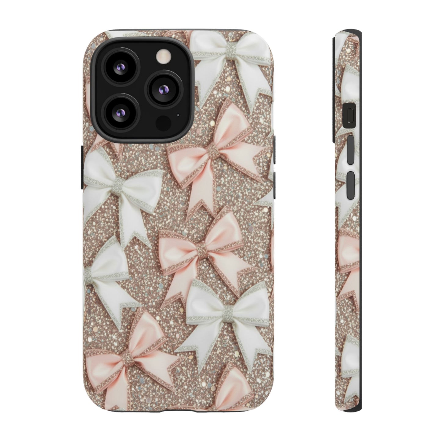 Glitter Bow Tough Phone Case — Pink & White Ribbon Protective Cover