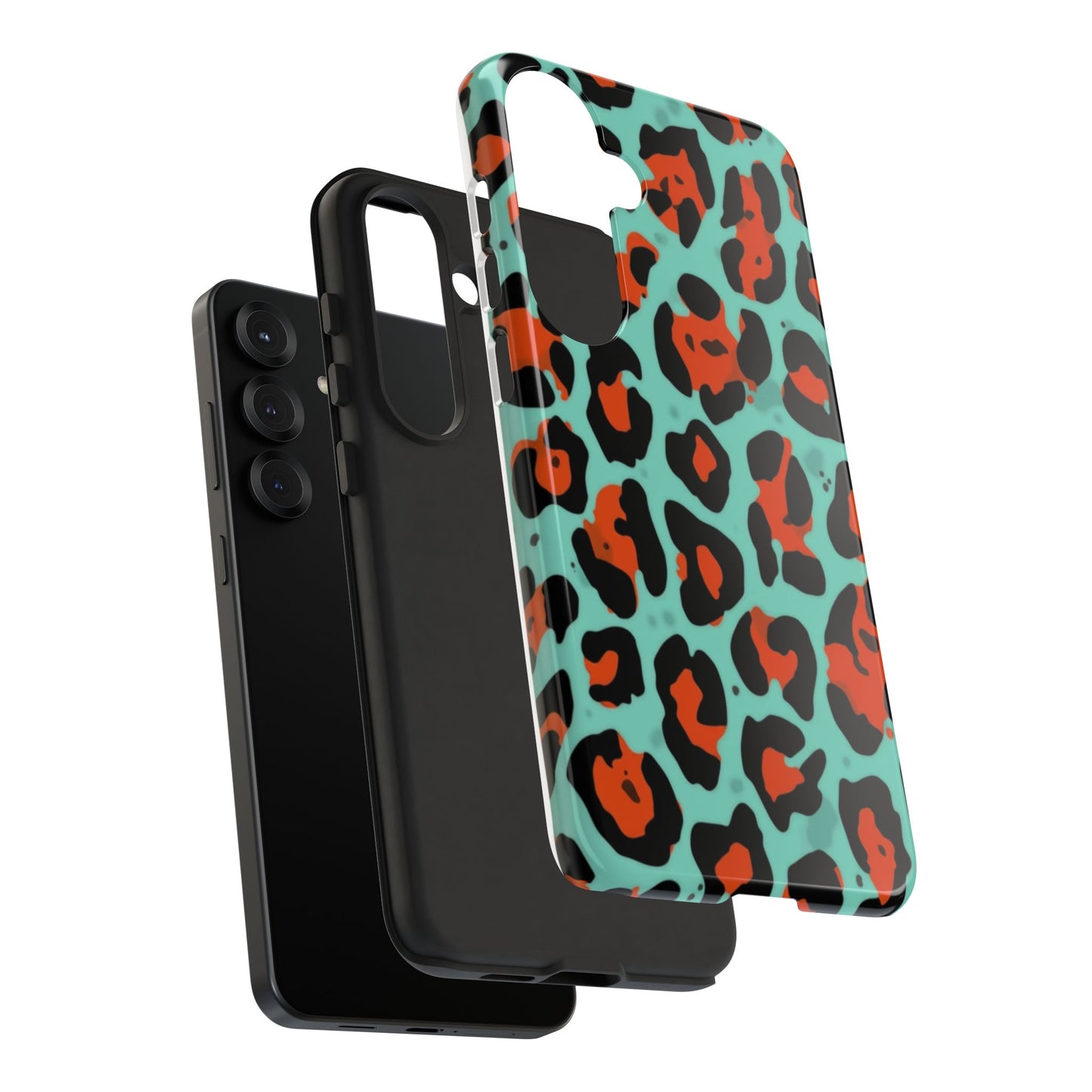 Leopard Print Tough Phone Case — Teal & Rust Protective iPhone Cover