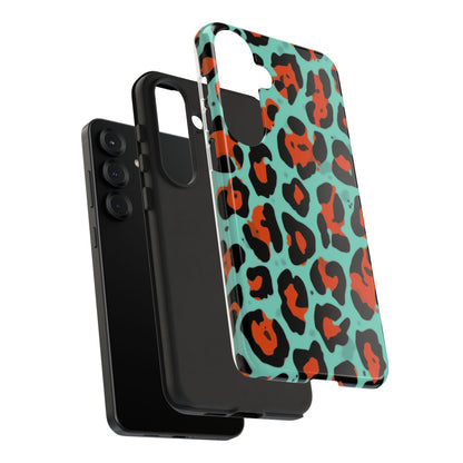 Leopard Print Tough Phone Case — Teal & Rust Protective iPhone Cover