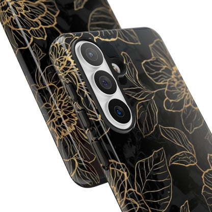Floral Gold Outline Tough Phone Case – Black Botanical Protective Cover