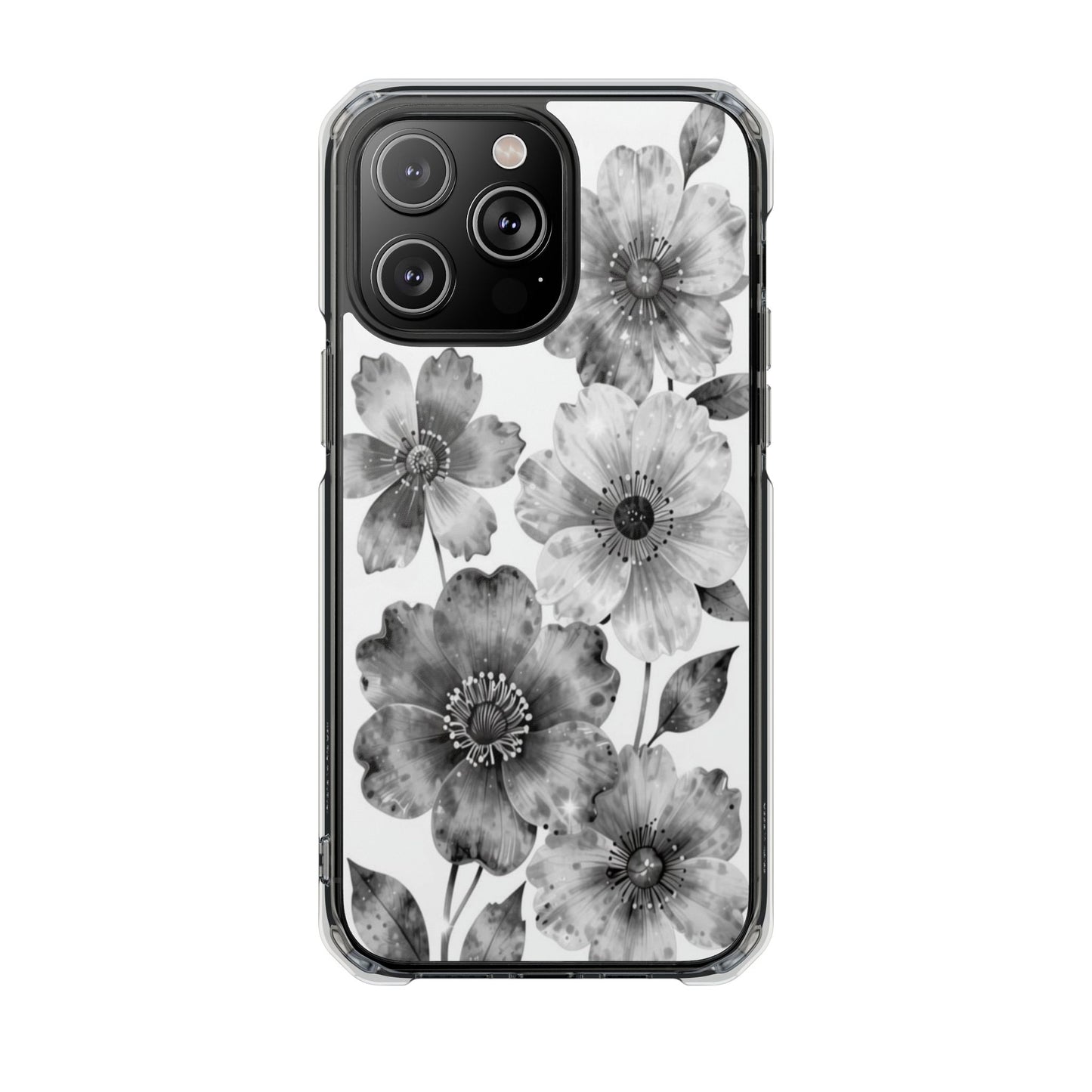 Clear Magnetic Phone Case — Black & White Watercolor Floral Design