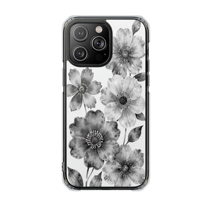 Clear Magnetic Phone Case — Black & White Watercolor Floral Design
