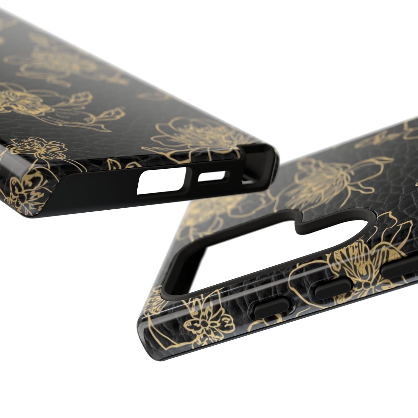 Floral Leather Phone Case — Gold Outline Flowers on Black Tough Case